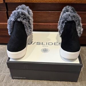 J Slides Black and Gray Fur-Trimmed Sneakers